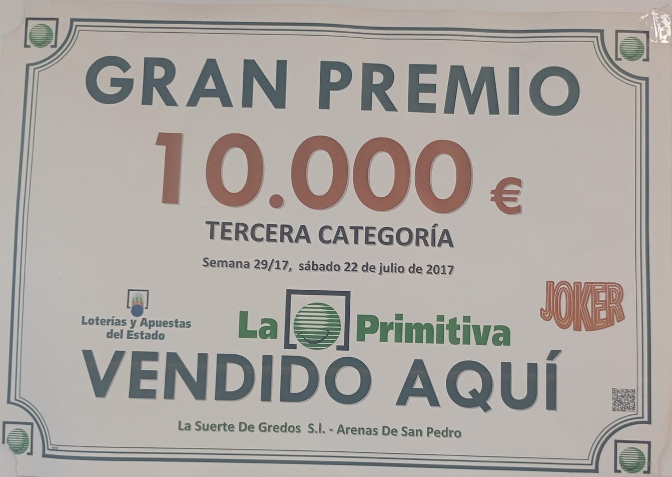 Certificado de premio del 22 de julio de 2017